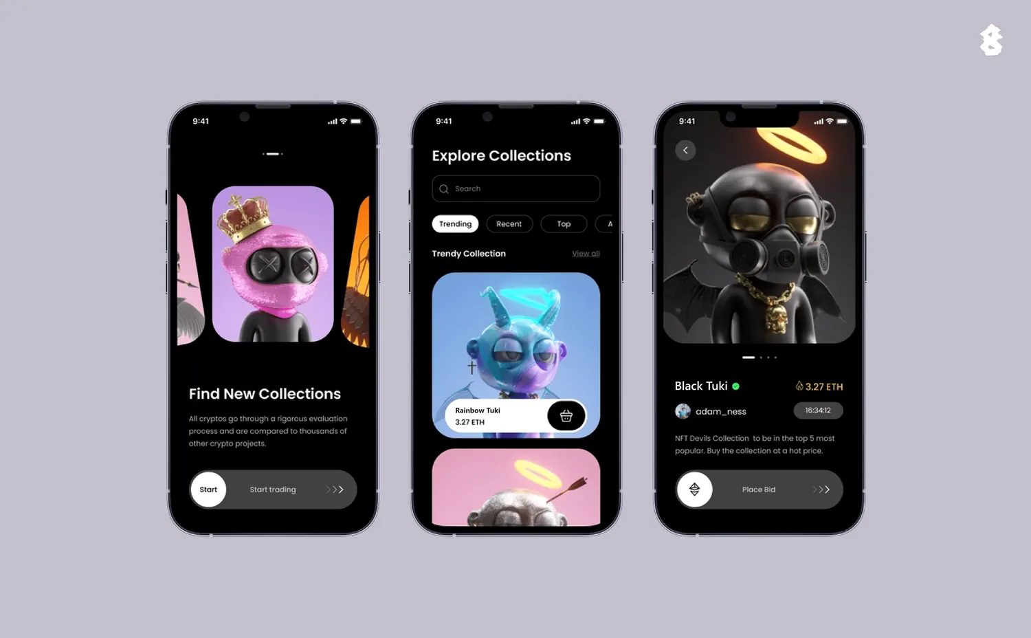 NFT Marketplace App — Напрямок колекцій — перегляд колекцій, світліша візуальна система та сторінка предмета з власником і ціною