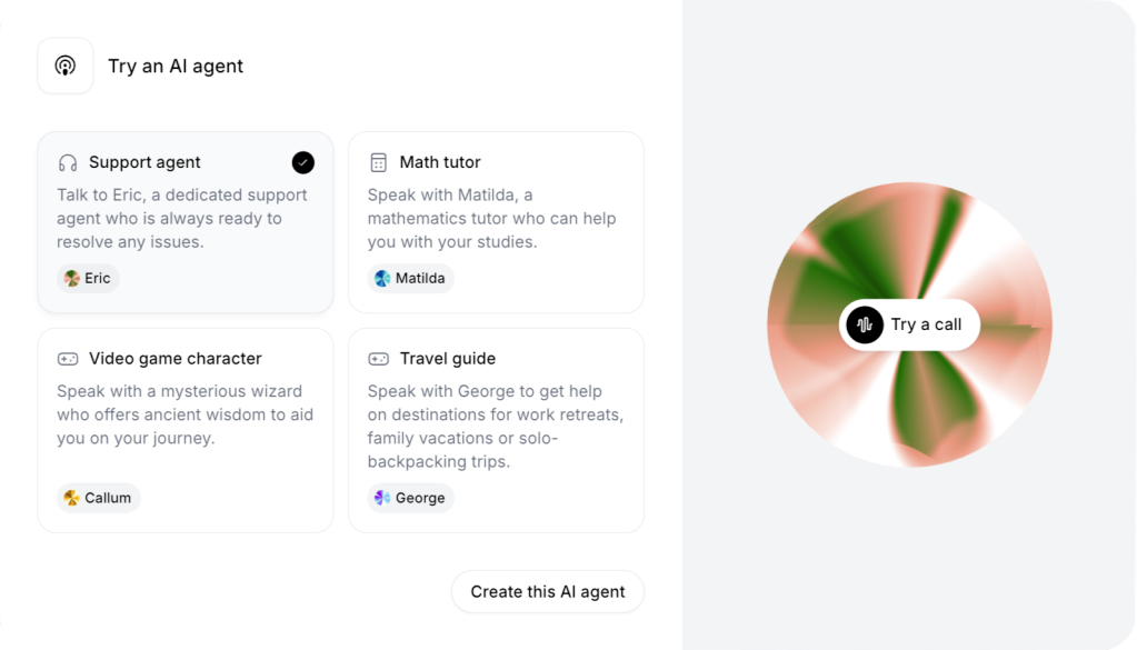 AI Agent Voice Playground — AI Agent Voice Playground — agent selection and call entry